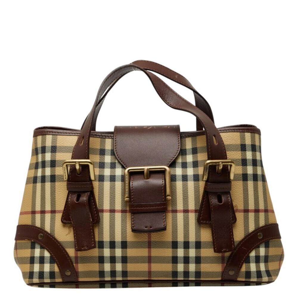 Burberry Nova Check Shadow Black Horse Handbag Tote Bag Brown Beige Leather